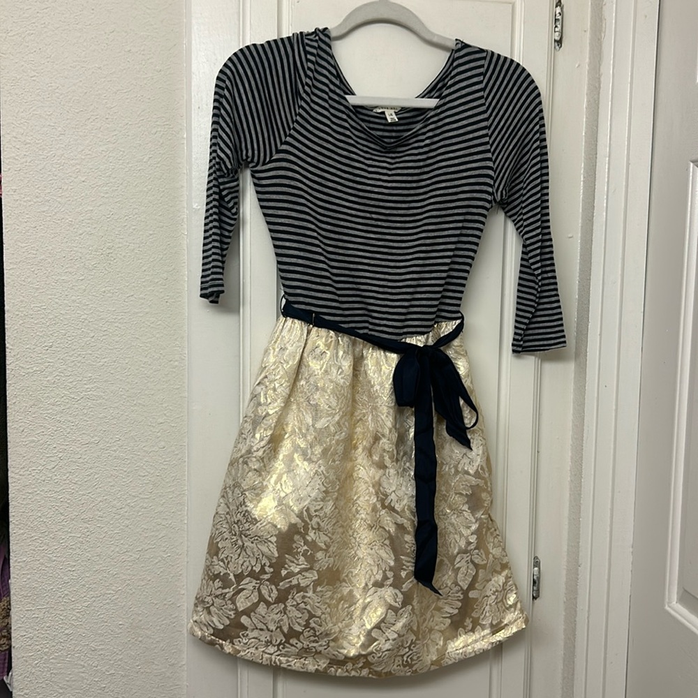 Blue Grey Stripe Dress Gold Shiny Skirt Love H81 Size Large Long Sleeve
